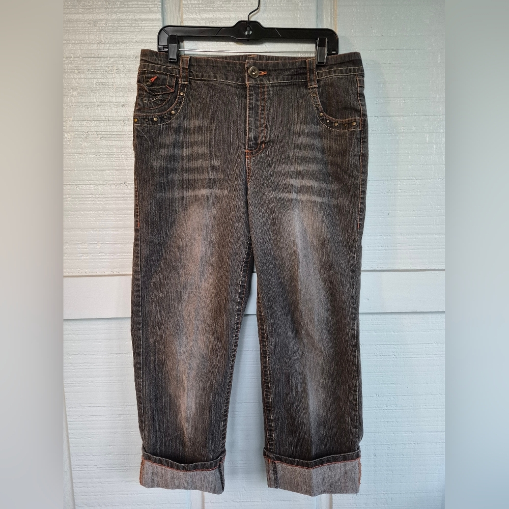 French Cuff Dark Gray Cropped Straight Leg Cuffed Jeans Size 12 Vintage